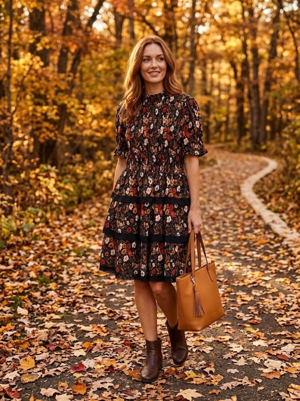 Simply Southern Black Floral Tiered Midi Dress with Autumn Florals